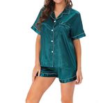 Ladieshow Kadın Pijama Takımı Loungewear Kısa Kollu Saten Bayan Pj Seti Yaz Gecelik Düğmeli Pijama İki Parçalı Set Yeşil