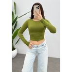 Ladima Kadın Yağ Yeşili Bisiklet Yaka Uzun Kol Crop Bluz