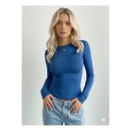 LADY HAZAL Saks Mavi Yuvarlak Yaka Bluz Boy Body Darkalıp Soft Touch Pamuklu Ribana Uzun Kollu Bluz