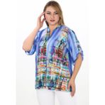 Lady Majestic Büyük Beden Hakim Yaka Desenli Gömlek Viskon Renkli Yazlık Kadın Bluz - 54 - Mavi