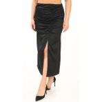 Lady Majestic Büyük Beden Saten Drape Yırtmaçlı Midi Siyah Etek - 48