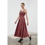 LADYA COLLECTION Kırmızı Alin Kare Yaka Pötikareli Uzun Volanlı Elbise