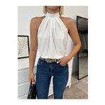 ladyzey kadın ekru halter yaka arkası düğmeli sıfır kol sandy kumaş bluz