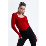 ladyzey kadın kare yaka bordo uzun kollu bluz