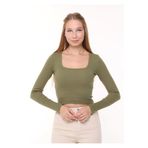 LAENT Kadın Haki Kare Yaka Uzun Kollu Fitilli Örme Crop Bluz