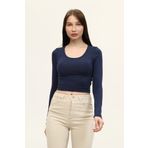 LAENT Kadın Indigo Mavi Bisiklet Yaka Uzun Kollu Crop Bluz