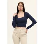 LAENT Kadın Indigo Mavi Kare Yaka Uzun Kollu Crop Bluz