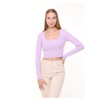 LAENT Kadın Lila Kare Yaka Uzun Kollu Fitilli Örme Crop Bluz