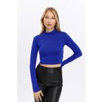 LAENT Kadın Saks Mavi Dik Yaka Uzun Kollu Crop Bluz