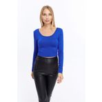 LAENT Kadın Saks Mavi Havuz Yaka Uzun Kollu Crop Bluz
