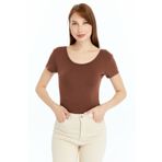LAENT Kadın Soft Touch Kahverengi Havuz Yaka Kısa Kollu Bluz