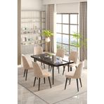 Lajibu Rex Serisi Siyah 80X130 Açılır Yemek Masası , Yemek Masa Takımı Metal Ayaklı 6 Cappucino Sandalye