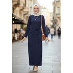 Lale Butik Kadın Drape Detay Pamuklu Uzun Elbise, Lacivert, 44 Beden