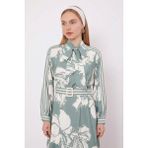 Lale Butik Yakası Bağlama Detay Çiçek Desen Elbise 330274 Yeşil - 40