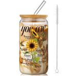 Lallisa Kadınlar için Hıristiyan Ayçiçeği Hediyeleri 15oz Bambu Kapaklı ve Saman ile Buzlu Kahve Cam Bardakları İlham Verici İncil Ayeti Can Bardaklar Bira Anne Arkadaşı Eşi için Dini Ayçiçeği İçme
