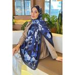 lamelif Batik Çiçek Desen Bambu Şal Lacivert