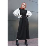 Lamelif Siyah Balon Kol Kemerli Elbise Uzun Kol Dokuma Kumaş Düz Desen ile Şık ve Trend