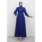 Lamia Giyim Roza Detay Şifon Elbise Gece Mavi