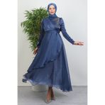 Lamia Giyim Taşlı Organze Abiye İndigo