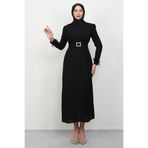 Lamia Giyim Tüy Detay Tesettür Elbise Siyah