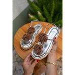 LAMİNTA Coky Silver Çiçek Detaylı Hasır Kadın Sandalet