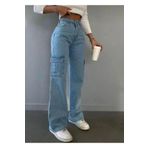 LAMİRA Leo Kadın Bebe Mavi Süper Yüksek Bel Arka Cepsiz Kargo Palazzo Wide Leg Jeans