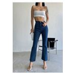LAMİRAMOOD Crop Fit KOYU MAVİ Eliza Cropped Paçası Kesik Yüksek Bel Straight Fit Düğmeli Kadın Jean Pantolon