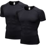 LANBAOSI 2'li kompresyon tişörtü, erkek, koşu tişörtü, erkek, kısa kollu, fonksiyonel tişört, nefes alır, spor tişörtü, koşu, antrenman, jogging, fitness, jimnastik için, 2'li paket, siyah, L