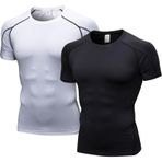 LANBAOSI 2'li kompresyon tişörtü, erkek, koşu tişörtü, erkek, kısa kollu, fonksiyonel tişört, nefes alır, spor tişörtü, koşu, antrenman, jogging, fitness, jimnastik için, Siyah-Beyaz, L