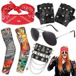 lankai 5 adet Punk Gotik Rocker Kiti, 80'li Punk Kostüm Seti, Punk Zincirli Deri Bileklik, Dövme Kollar, Perçinli Eldiven, Punk Siyah Güneş Gözlüklü Aksesuarlar, Erkekler Kadınlar için Punk Rocker Parti