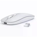 Laptop İçin İnce Kablosuz Mouse Bluetooth Bağlantı Şarjlı Batarya Usb Alıcılı Taşınabilir Tasarım Gümüş