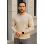 Lara Giyim Erkek Yuvarlak Yaka Kazak Rahat Tam Kalıp Sıfır Saka Fitilli - Krem - XL