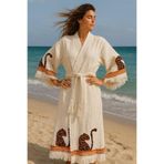 LaraLisa Collection 4 Kat Natürel Müslin Pamuk Kumaş Kimyasal İşlem Görmemiş El Baskılı Kaftan Kimono Peştemal Bornoz Ekru11 S/M