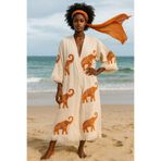 LaraLisa Collection 4 Kat Natürel Müslin Pamuk Kumaş Kimyasal İşlem Görmemiş El Baskılı Kaftan Kimono Peştemal Bornoz Ekru13 S/M