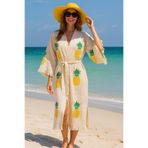 LaraLisa Collection 4 Kat Natürel Müslin Pamuk Kumaş Kimyasal İşlem Görmemiş El Baskılı Kaftan Kimono Peştemal Bornoz Ekru16 L/XL