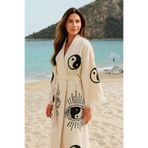 LaraLisa Collection 4 Kat Natürel Müslin Pamuk Kumaş Kimyasal İşlem Görmemiş El Baskılı Kaftan Kimono Peştemal Bornoz Ekru2 L/XL