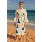 LaraLisa Collection 4 Kat Natürel Müslin Pamuk Kumaş Kimyasal İşlem Görmemiş El Baskılı Kaftan Kimono Peştemal Bornoz Ekru20 S/M