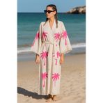 LaraLisa Collection 4 Kat Natürel Müslin Pamuk Kumaş Kimyasal İşlem Görmemiş El Baskılı Kaftan Kimono Peştemal Bornoz Ekru3 L/XL