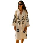 LaraLisa Collection 4 Kat Natürel Müslin Pamuk Kumaş Kimyasal İşlem Görmemiş El Baskılı Kaftan Kimono Peştemal Bornoz Ekru4 S/M