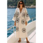 LaraLisa Collection 4 Kat Natürel Müslin Pamuk Kumaş Kimyasal İşlem Görmemiş El Baskılı Kaftan Kimono Peştemal Bornoz Ekru5 S/M