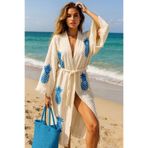 LaraLisa Collection 4 Kat Natürel Müslin Pamuk Kumaş Kimyasal İşlem Görmemiş El Baskılı Kaftan Kimono Peştemal Bornoz Ekru8 S/M