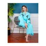 LaraLisa Collection Göz Figür Desen Baskılı Kısa Müslin Kaftan Kimono Peştemal Alt Üst Takım Mavi Standart