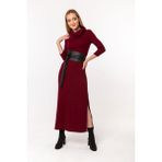 Laranor Bordo Geniş Dik Balıkçı Yaka Yırtmaç Detay Triko Elbise - 38