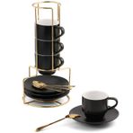 Lareina 4 oz Espresso Bardakları, Tabaklar, Kaşıklar ve Metal Stand, Küçük İstiflenebilir Kahve Fincanları 4'lü Set, Nespresso Lungo için Seramik Demitasse Bardakları, Çift Espresso, Siyah