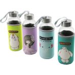 Larimar Cam Şişe Matara Suluk Resimli Bez Kılıflı - Taşıma Ipli 420ML Krom Kaplama Pls.kapak (5177) - Gri