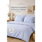 Larispera Battal Boy Düğmeli Pamuklu Ranforce Çizgili Nevresim Takımı King Size Duvet CoverSet Mavi