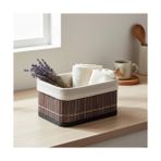 Larskas Deconox Mini Dikdörtgen Bambu Düzenleyici ve Saklama Sepeti – Gri Ahşap Banyo, Makyaj ve Ofis Organizeri, Kumaş Astarlı Dekoratif Kutu (20X15X10 Cm)