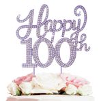 LASKYER Mutlu 100. Doğum Günü Süslemeleri, 100. Doğum Günü Mor Yapay Elmas Pasta Süsü - 100 Yaşında Doğum Günü Partisi Metal Parlak Pasta Centerpieces İşareti.