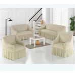 Lastıklı Streç Bürümcük Pamuklu (3-2-1-1) Koltuk Kanepe Örtüsü Takımı Etekli (Krem Renk) - 180 x 230 cm