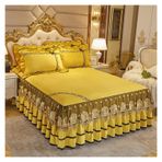 Lastikli Yatak Eteği Fırfırlı, Lüks Yatak Örtüsü Yatak Düğün Yatak Örtüsü Dantel Yatak Örtüsü Battaniye Kumaş King Queen Boyut Yastık Kılıfları ile(Golden,3pcs 120x200cm)